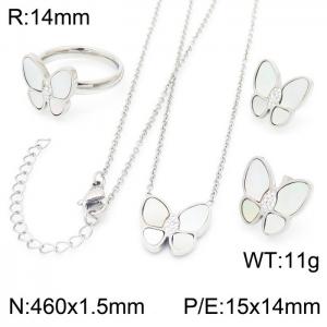 Women Silver Color Stainless Steel Necklace&Ring&Earrings Jewelry Set with CZ&Shell Butterfly Pattern Charm - KS192862-GC