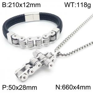 Bicycle leather magnet clasp bracelet motorcycle cross necklace men's jewelry set - KS194857-KFC