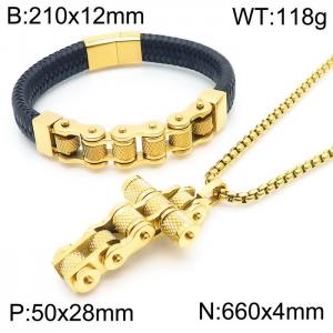 Bicycle leather magnet clasp bracelet motorcycle cross necklace men's jewelry set - KS194858-KFC