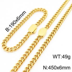 Personalized trend stainless steel Cuban chain neutral air flat buckle bracelet necklace set - KS197000-Z