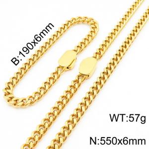 Personalized trend stainless steel Cuban chain neutral air flat buckle bracelet necklace set - KS197002-Z