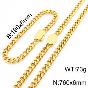 Personalized trend stainless steel Cuban chain neutral air flat buckle bracelet necklace set - KS197006-Z