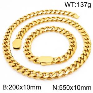 Fashion Gold Color Stainless Steel Cuban Link Chain Necklace & Bracelets For Men Jewelry Set - KS197044-Z