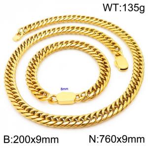 Gold Color Bracelets Necklace For Men Stainless Steel Cuban Link Chain Jewelry Sets - KS197160-Z