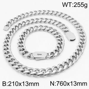 Trendy Silver Color Bracelets Necklace For Men Stainless Steel Cuban Link Chain Jewelry Sets - KS197195-Z