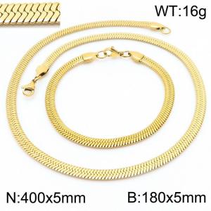 Women's Gold 5x400mm Herringbone Flat Snake Chain Stainless Steel Bracelet Necklace Jewelry Set - KS197314-Z