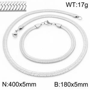 Women's Silver 5x400mm Herringbone Flat Snake Chain Stainless Steel Bracelet Necklace Jewelry Set - KS197317-Z