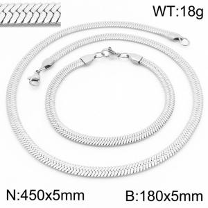 Women's Silver 5x450mm Herringbone Flat Snake Chain Stainless Steel Bracelet Necklace Jewelry Set - KS197318-Z