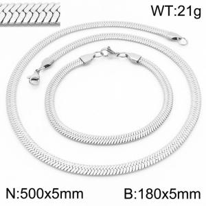 Women's Silver 5x500mm Herringbone Flat Snake Chain Stainless Steel Bracelet Necklace Jewelry Set - KS197319-Z