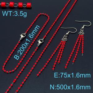 Fashion simple red interbead chain women's bracelet necklace earrings accessories three-piece set - KS197374-Z