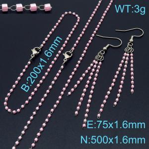 Fashionable simple pink bead chain female style bracelet necklace earring jewelry three sets - KS197375-Z