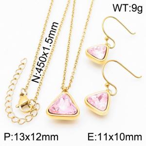 Gold-Plating Triangle Women Pendant Necklace&Earing Pink Color - KS197407-K