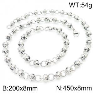 Simple ins style creative stainless steel pearl knotted chain men and women's bracelet necklace set - KS197589-Z
