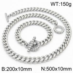 10mm Stainless Steel 304 Cuban Chain Necklace & Bracelet Set With Round Skull OT Clasps - KS198210-ZZ