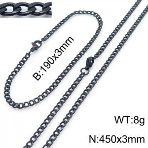 Stainless steel 190x3mm&450x3mm cuban chain fashional lobster clasp classic simple style black sets - KS198804-Z