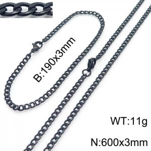 Stainless steel 190x3mm&600x3mm cuban chain fashional lobster clasp classic simple style black sets - KS198807-Z