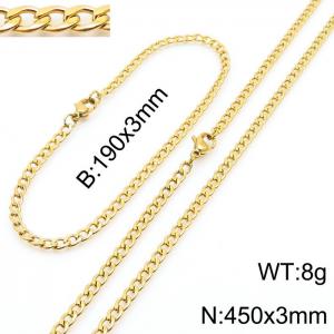Stainless steel 190x3mm&450x3mm cuban chain fashional lobster clasp classic simple style gold sets - KS198811-Z