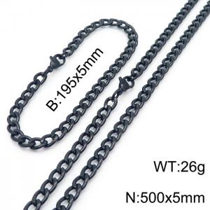 Stainless steel 195x5mm&500x5mm cuban chain fashional lobster clasp classic simple style black sets - KS198833-Z
