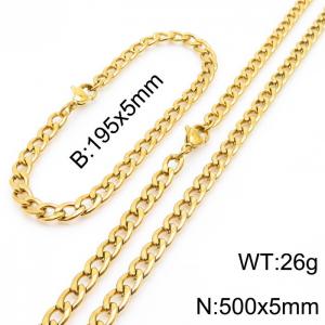 Stainless steel 195x5mm&500x5mm cuban chain fashional lobster clasp classic simple style gold sets - KS198840-Z