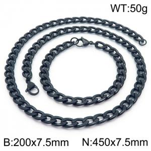 Stainless steel 200x7.5mm&450x7.5mm cuban chain fashional lobster clasp classic simple style black sets - KS198860-Z