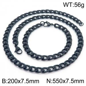 Stainless steel 200x7.5mm&550x7.5mm cuban chain fashional lobster clasp classic simple style black sets - KS198862-Z