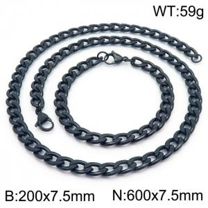 Stainless steel 200x7.5mm&600x7.5mm cuban chain fashional lobster clasp classic simple style black sets - KS198863-Z