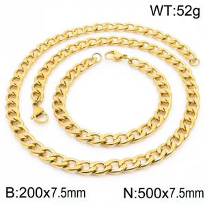 Stainless steel 200x7.5mm&500x7.5mm cuban chain fashional lobster clasp classic simple style gold sets - KS198868-Z