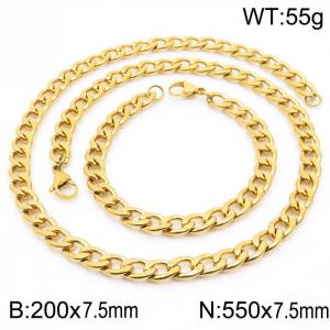 Stainless steel 200x7.5mm&550x7.5mm cuban chain fashional lobster clasp classic simple style gold sets - KS198869-Z