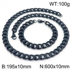 Stainless steel 195x10mm&600x10mm cuban chain fashional lobster clasp classic simple style black sets - KS198877-Z
