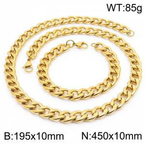 Stainless steel 195x10mm&450x10mm cuban chain fashional lobster clasp classic simple style gold sets - KS198881-Z
