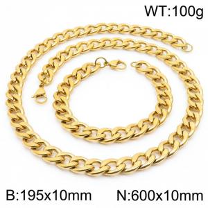 Stainless steel 195x10mm&600x10mm cuban chain fashional lobster clasp classic simple style gold sets - KS198884-Z