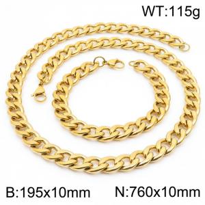 Stainless steel 195x10mm&760x10mm cuban chain fashional lobster clasp classic simple style gold sets - KS198887-Z