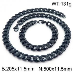 Stainless steel 205x11.5mm&500x11.5mm cuban chain fashional lobster clasp classic simple style black sets - KS198889-Z