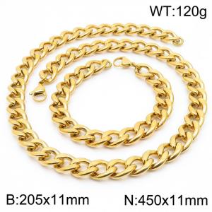 Stainless steel 205x11mm&450x11mm cuban chain fashional lobster clasp classic simple style gold sets - KS198895-Z