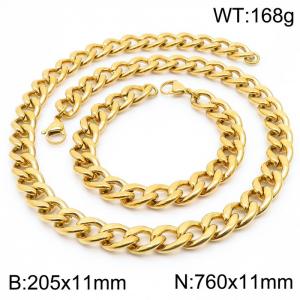 Stainless steel 205x11mm&760x11mm cuban chain fashional lobster clasp classic simple style gold sets - KS198901-Z