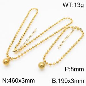 3mm Beads Chain Jewelry Set Stainless Steel Bracelet & Necklace With Round Bead Charm Gold Color - KS199396-Z