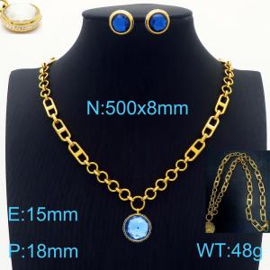 Stainless steel 500x8mm mixed combined chain blue glass stone charm fashional lobster clasp trendy crystal gold earring sets - KS199445-Z