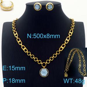 Stainless steel 500x8mm mixed combined chain light blue glass stone charm fashional lobster clasp trendy crystal gold earring sets - KS199447-Z