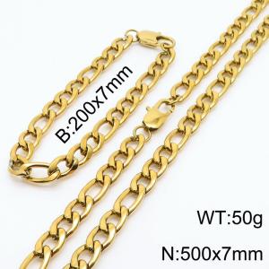 7mm simple fashion Stainless Steel 3:1NK Chain Gold Plated bracelet Necklace two-piece set - KS199890-Z