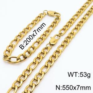7mm simple fashion Stainless Steel 3:1NK Chain Gold Plated bracelet Necklace two-piece set - KS199891-Z