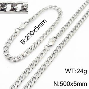 5mm simple fashion silver stainless steel embossed NK chain bracelet necklace two-piece set - KS199995-Z
