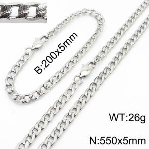 5mm simple fashion silver stainless steel embossed NK chain bracelet necklace two-piece set - KS199996-Z