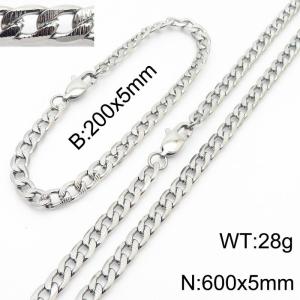 5mm simple fashion silver stainless steel embossed NK chain bracelet necklace two-piece set - KS199997-Z