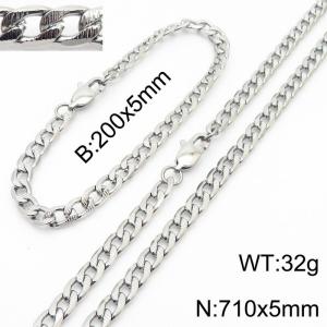 5mm simple fashion silver stainless steel embossed NK chain bracelet necklace two-piece set - KS199999-Z
