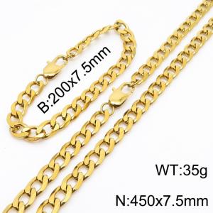 7.5mm simple fashion Stainless Steel Cut edge NK Chain Gold Plated bracelet Necklace two-piece set - KS200001-Z
