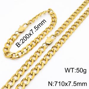 7.5mm simple fashion Stainless Steel Cut edge NK Chain Gold Plated bracelet Necklace two-piece set - KS200006-Z