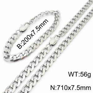 7.5mm simple fashion silver Stainless Steel Cut edge NK Chain bracelet Necklace two-piece set - KS200013-Z