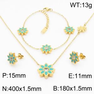 Gold Color Stainless Steel Jewelry Sets Green Color Sun Flower Rhinestone Pendant Link Chain Bracelets Necklace Stud Earrings For Women Jewelry - KS200368-LX
