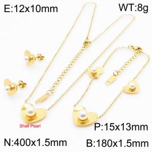 3pcs Gold Color Love Heart Jewelry Sets Stainless Steel Link Chain Shell Imitation Pearl Pendant Necklace Stud Eaarings Bracelets For Women - KS200372-KLX