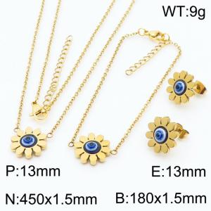 45cm Long Gold Color Stainless Steel Jewelry Sets Sun Flower Devil's Eye Pendant Link Chain Necklace Bracelets Stud Earrings For Women - KS200531-KFC